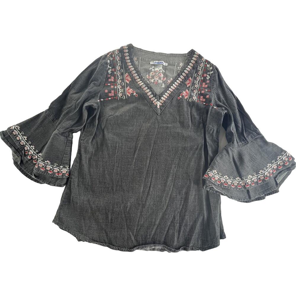 Nygard Womens Gray V-Neck Bell Sleeve Pullover Embroidered Size S